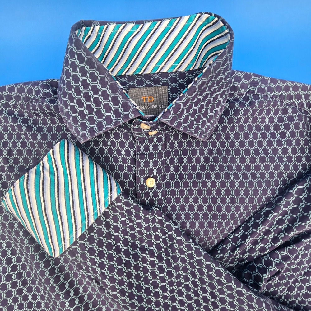 Thomas Dean Mens Medium Navy Teal Geometric Honeycomb Cotton Button‎ Down Shirt